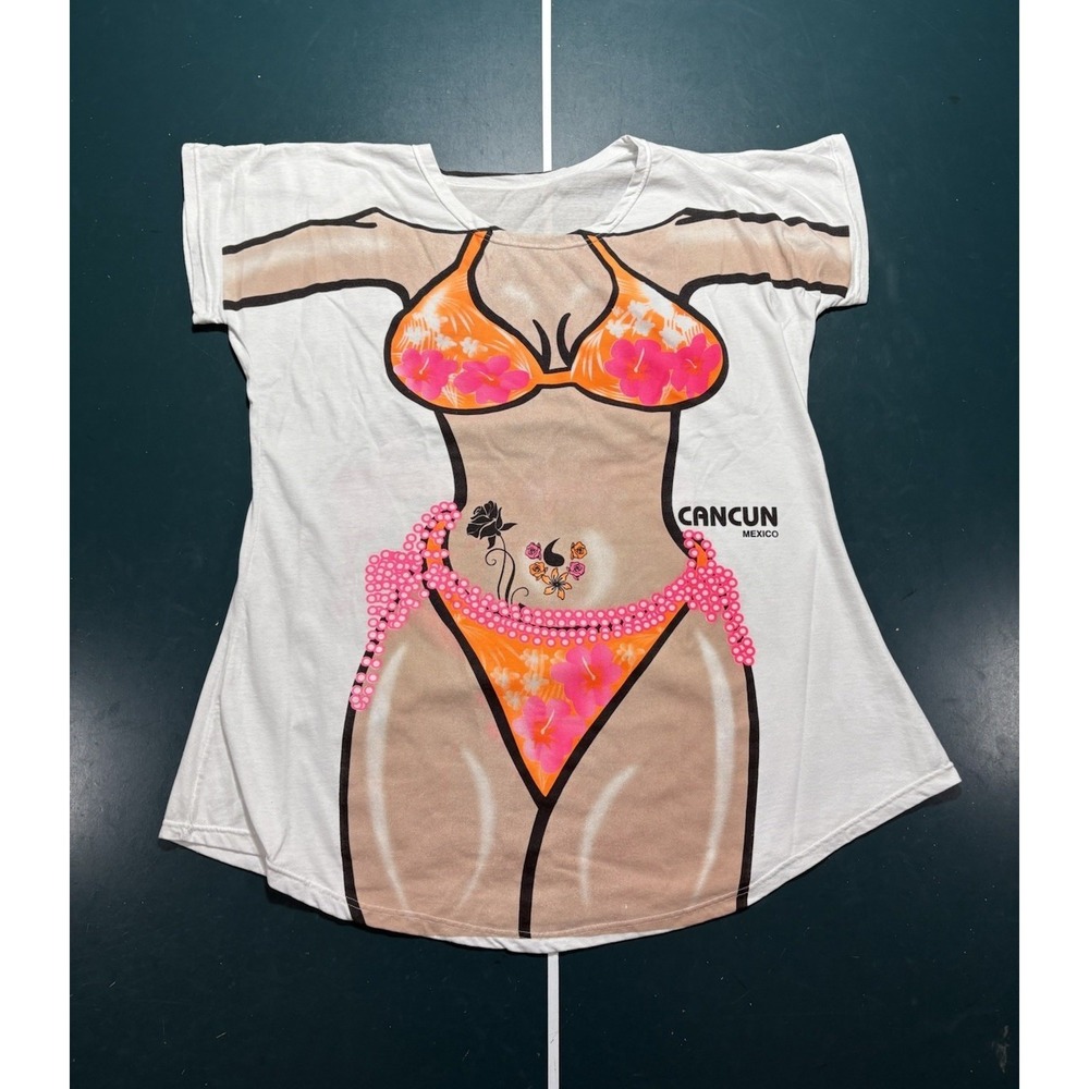 Vintage Coverup Beach Bikini Girl Graphic One Size 90s Beach Summer Tatoo